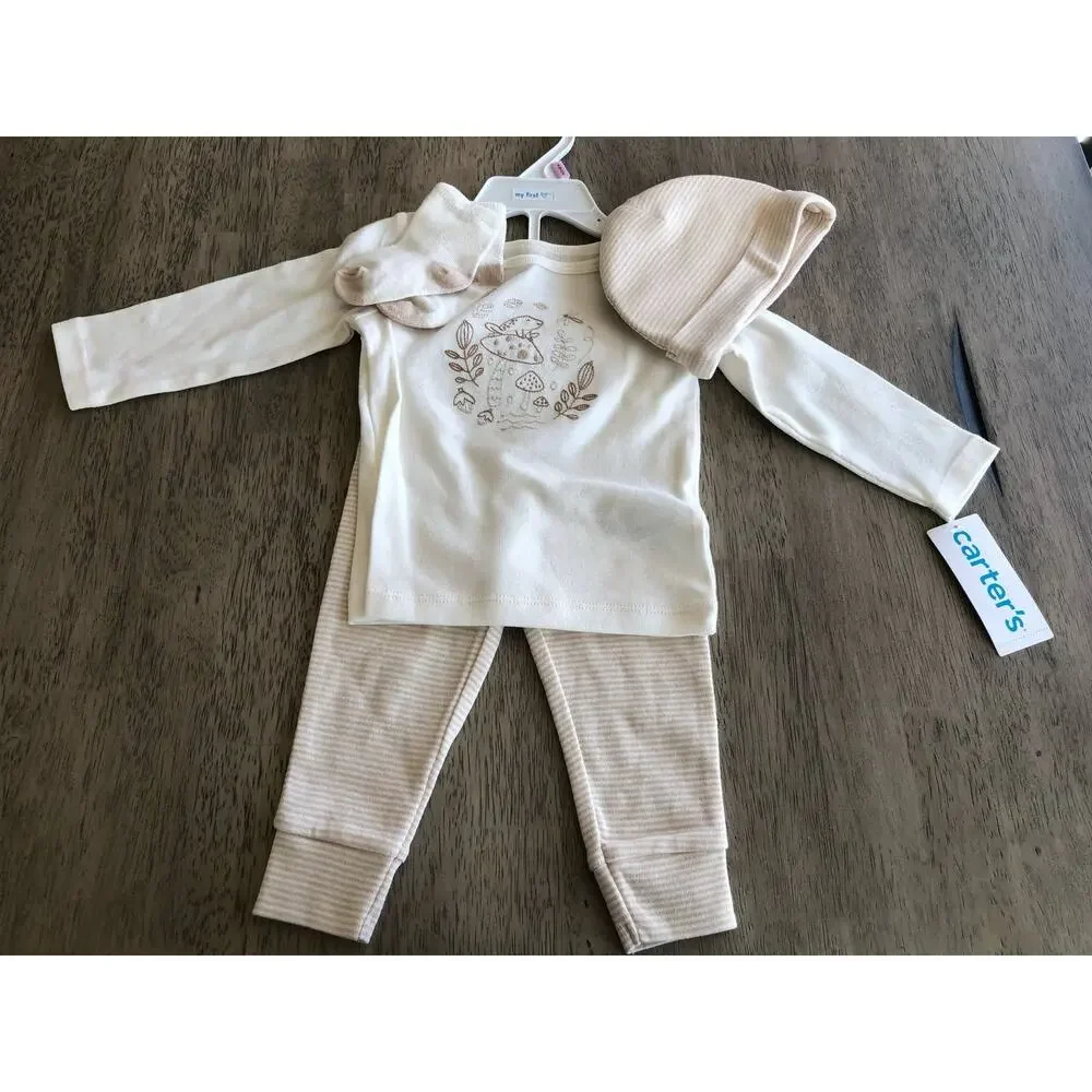 Carters Frog and Toadstool Embroidered Three Piece Tan and Cream Set - 9M